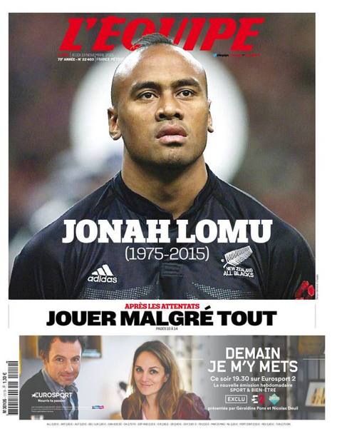 La copertina dell&#39;Equipe odierna  interamente dedicata a Jonah Lomu, cos come le prime nove pagine del quotidiano sportivo francese